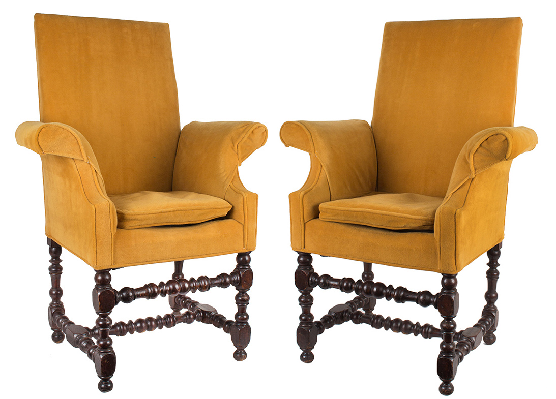 Pair of Diminutive Upholstered Armchairs,
Out-splayed Arms, Outstanding Turnings,
Full Height, Unknown Maker, entire view